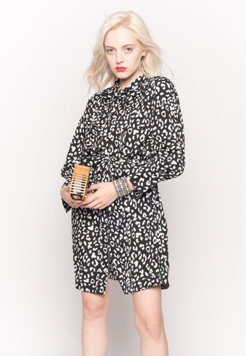 Long Sleeve Shirt Dress with Tie Waist in Black and White Pr