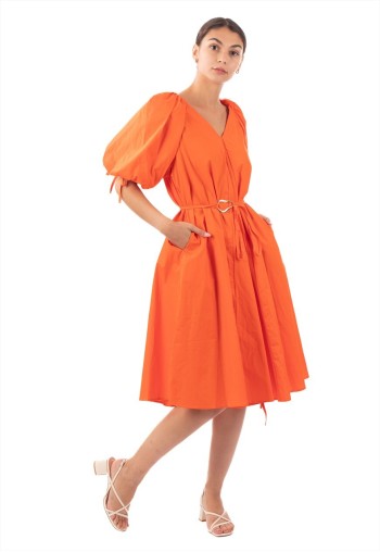 Oversized puff sleeve midi dress in Orange
