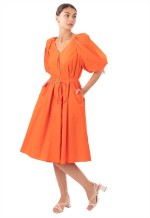 Oversized puff sleeve midi dress in Orange