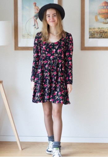 Black soft floral long sleeve dress