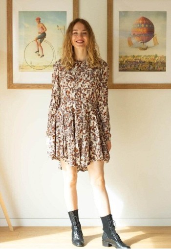 Multocolor pastel patterned long sleeve silky dress