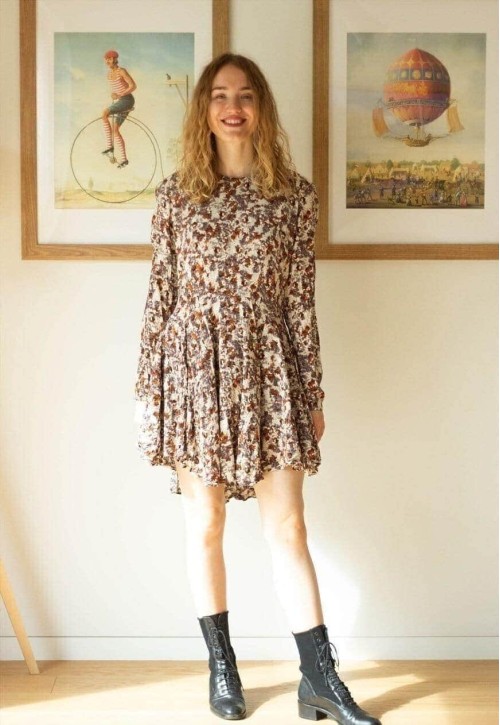Multocolor pastel patterned long sleeve silky dress