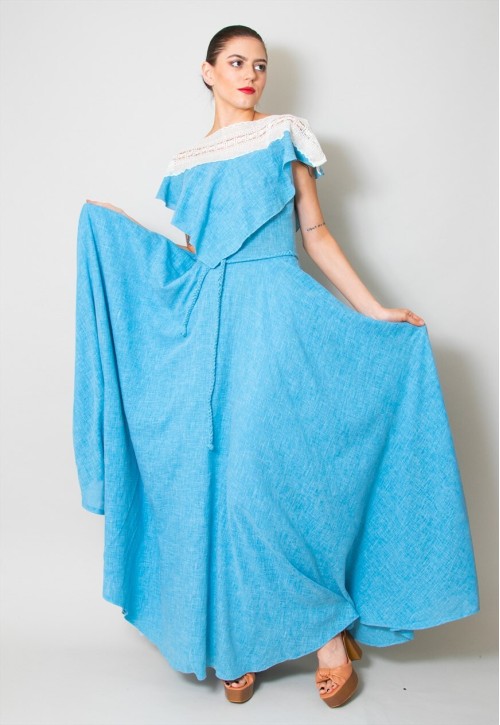 Puszta Vintage 70's Blue Cotton Maxi Dress Cream Lace Panels