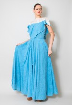 Puszta Vintage 70's Blue Cotton Maxi Dress Cream Lace Panels