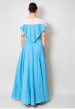 Puszta Vintage 70's Blue Cotton Maxi Dress Cream Lace Panels