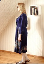 Royal blue pleated vintage dress with brown leaves