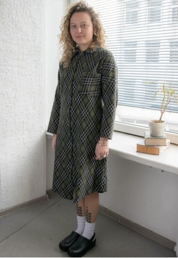 Vintage 80's Khaki Patterned Long Sleeved Midi Dress
