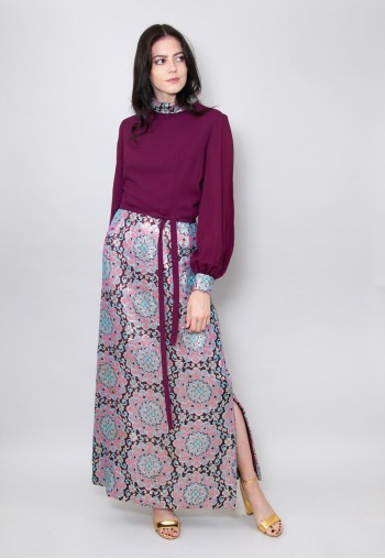 70's Vintage Purple Silver Crepe Brocade Maxi Dress