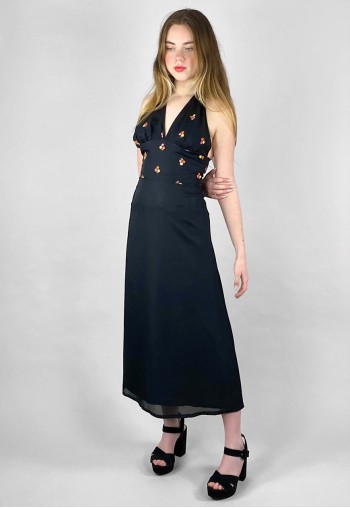 70's Vintage Black Halter Neck Embroidery Midi Dress