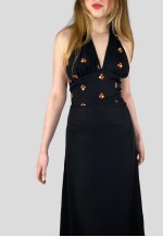 70's Vintage Black Halter Neck Embroidery Midi Dress