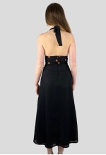 70's Vintage Black Halter Neck Embroidery Midi Dress