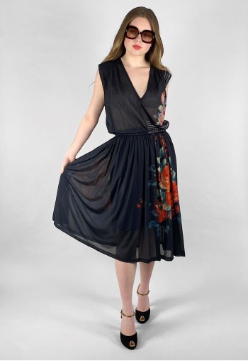 St Raphael 70's Vintage Black Floral Red Slinky Midi Dress