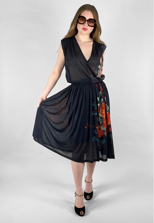 St Raphael 70's Vintage Black Floral Red Slinky Midi Dress