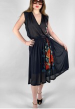 St Raphael 70's Vintage Black Floral Red Slinky Midi Dress