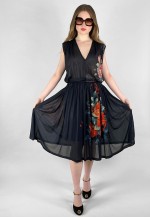 St Raphael 70's Vintage Black Floral Red Slinky Midi Dress
