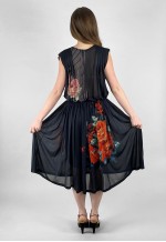 St Raphael 70's Vintage Black Floral Red Slinky Midi Dress