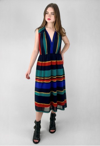 70's Vintage Puszta Sleeveless Slinky Stripe Midi Dress