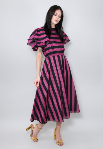 70's Vintage Purple Black Stripe Lurex Midi Dress