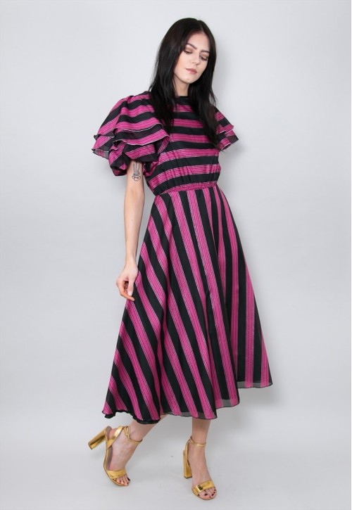 70's Vintage Purple Black Stripe Lurex Midi Dress
