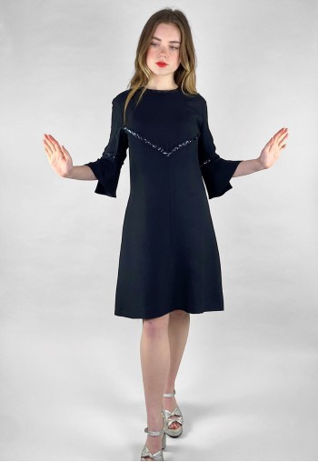 60's Black Vintage Sequin Evening Ladies Fluted Sleeve Dress