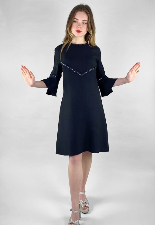 60's Black Vintage Sequin Evening Ladies Fluted Sleeve Dress