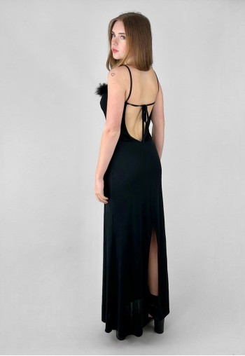 90's Vintage Black Slinky Slip Feather Ladies Maxi Dress