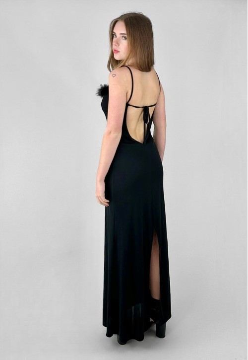 90's Vintage Black Slinky Slip Feather Ladies Maxi Dress