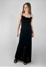 90's Vintage Black Slinky Slip Feather Ladies Maxi Dress