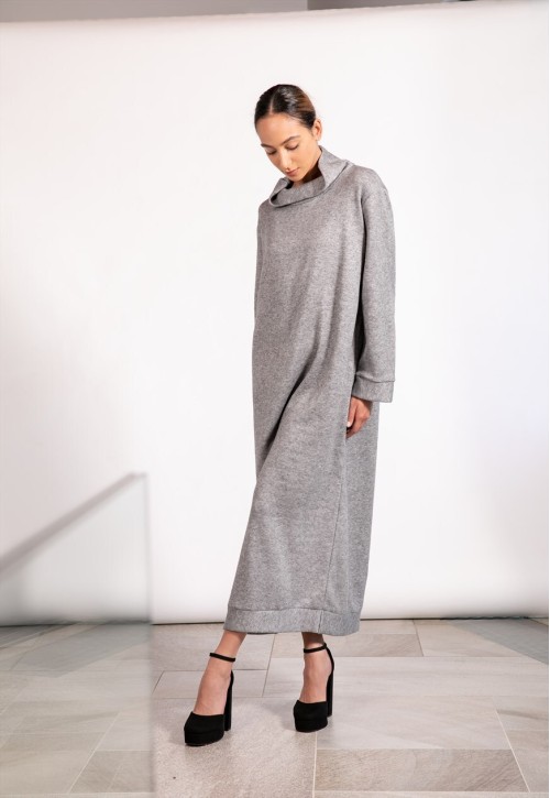 Fluffy Turtleneck Dress In Grey, Cozy Winter Dress