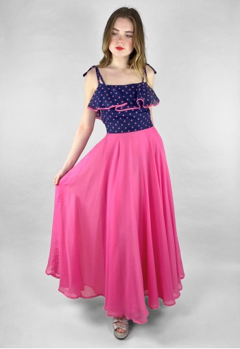 70's Vintage Pink Purple Polka Dot Ruffle Slip Maxi Dress