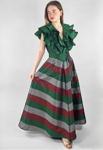 Yvette of Paris 70's Stripe Ruffle Green Evening Maxi Dress