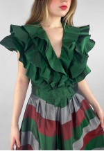 Yvette of Paris 70's Stripe Ruffle Green Evening Maxi Dress