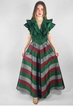 Yvette of Paris 70's Stripe Ruffle Green Evening Maxi Dress
