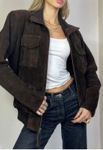 Vintage Y2k Suede Bomber Jacket Biker Brown